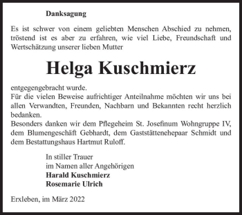 Traueranzeige von Helga Kuschmierz  von Magdeburger Volksstimme