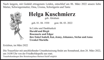 Traueranzeige von Helga Kuschmierz (geb. Abraham)  von Magdeburger Volksstimme
