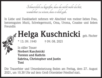 Traueranzeige von Helga Kuschnicki (geb. Fischer)  von Magdeburger Volksstimme