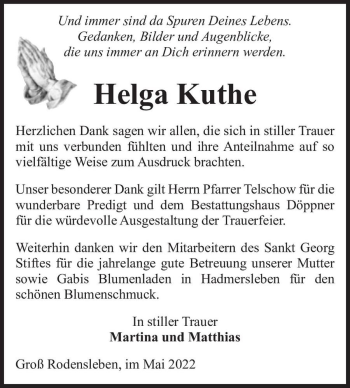 Traueranzeige von Helga Kuthe  von Magdeburger Volksstimme