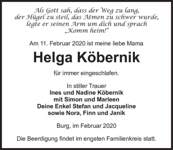 Traueranzeige von Helga Köbernik  von Magdeburger Volksstimme