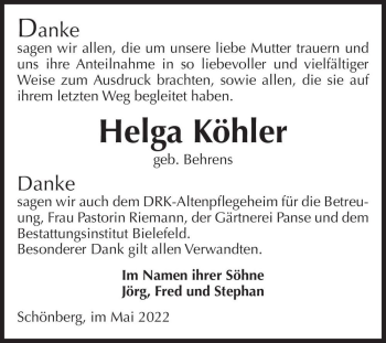 Traueranzeige von Helga Köhler (geb. Behrens)  von Magdeburger Volksstimme