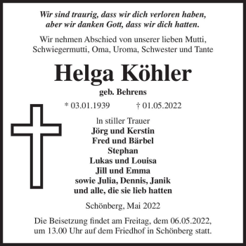 Traueranzeige von Helga Köhler (geb. Behrens)  von Magdeburger Volksstimme