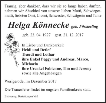 Traueranzeige von Helga Könnecke (geb. Försterling)  von Magdeburger Volksstimme
