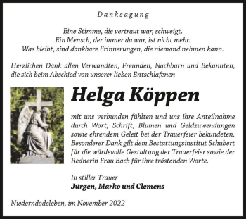 Traueranzeige von Helga Köppen  von Magdeburger Volksstimme