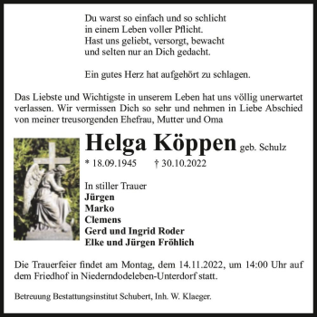 Traueranzeige von Helga Köppen (geb. Schulz)  von Magdeburger Volksstimme