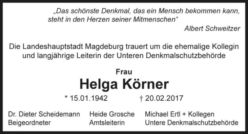  Traueranzeige für Helga Körner  vom 11.03.2017 aus Magdeburger Volksstimme