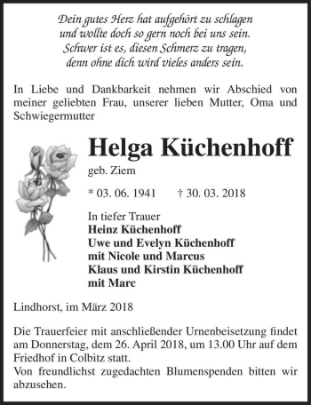 Traueranzeige von Helga Küchenhoff (geb. Ziem)  von Magdeburger Volksstimme