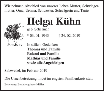 Traueranzeige von Helga Kühn (geb. Schermer)  von Magdeburger Volksstimme