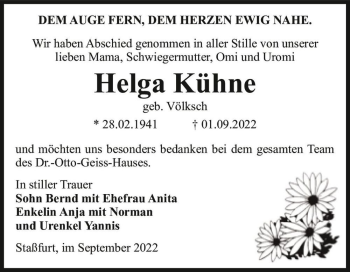 Traueranzeige von Helga Kühne (geb. Völksch)  von Magdeburger Volksstimme