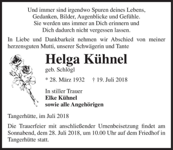 Traueranzeige von Helga Kühnel (geb. Schlögl)  von Magdeburger Volksstimme
