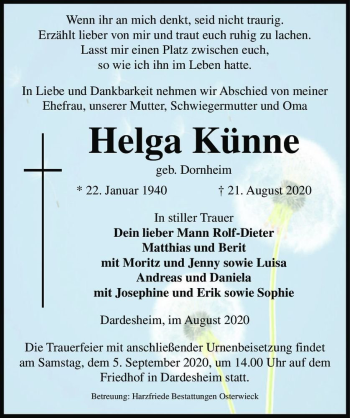 Traueranzeige von Helga Künne (geb. Dornheim)  von Magdeburger Volksstimme