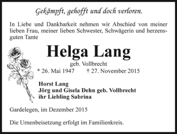 Traueranzeige von Helga Lang (geb. Vollbrecht)  von Magdeburger Volksstimme