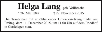 Traueranzeige von Helga Lang (geb. Vollbrecht)  von Magdeburger Volksstimme