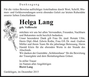 Traueranzeige von Helga Lang (geb. Vollbrecht)  von Magdeburger Volksstimme