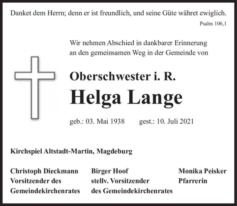  Traueranzeige für Helga Lange  vom 17.07.2021 aus Magdeburger Volksstimme