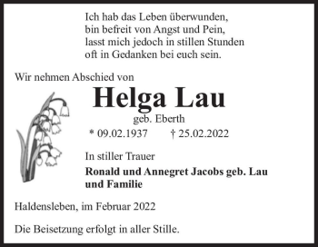 Traueranzeige von Helga Lau (geb. Eberth)  von Magdeburger Volksstimme