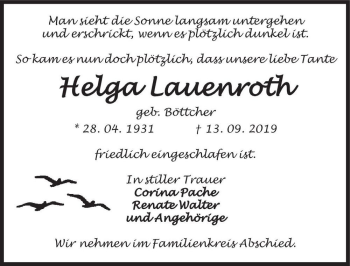 Traueranzeige von Helga Lauenroth (geb. Böttcher)  von Magdeburger Volksstimme