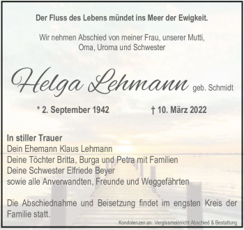 Traueranzeige von Helga Lehmann (geb. Schmidt)  von Magdeburger Volksstimme