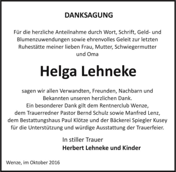 Traueranzeige von Helga Lehneke  von Magdeburger Volksstimme