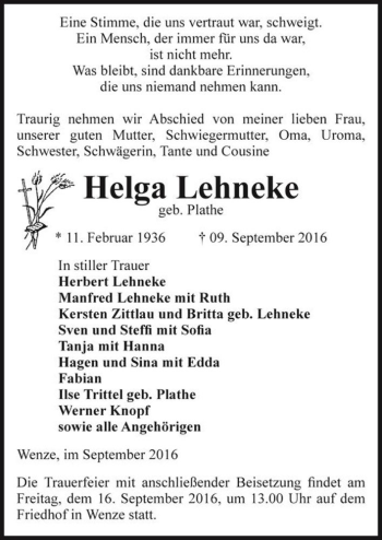 Traueranzeige von Helga Lehneke (geb. Plathe)  von Magdeburger Volksstimme