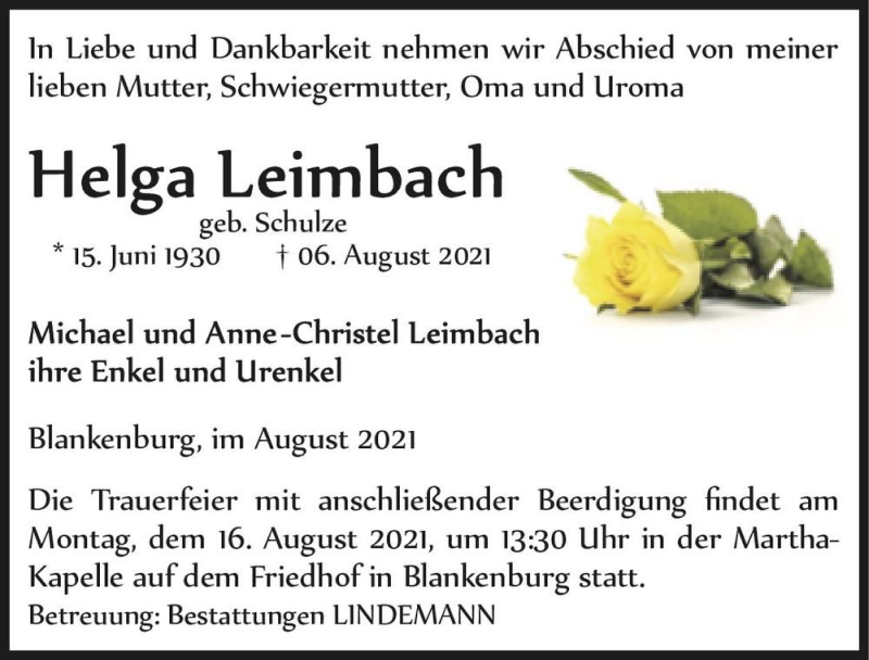  Traueranzeige für Helga Leimbach (geb. Schulze)  vom 14.08.2021 aus Magdeburger Volksstimme