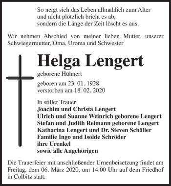 Traueranzeige von Helga Lengert (geb. Hühnert)  von Magdeburger Volksstimme