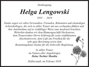 Traueranzeige von Helga Lengowski  von Magdeburger Volksstimme