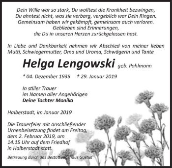 Traueranzeige von Helga Lengowski (geb. Pohlmann)  von Magdeburger Volksstimme