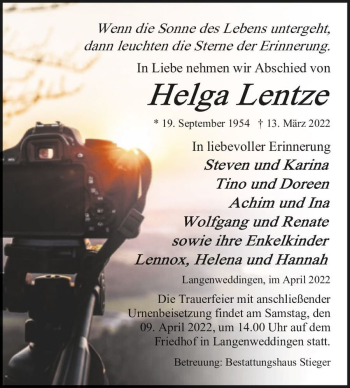 Traueranzeige von Helga Lentze  von Magdeburger Volksstimme