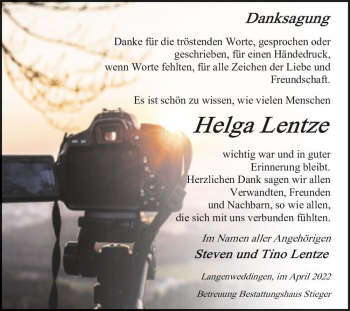 Traueranzeige von Helga Lentze  von Magdeburger Volksstimme