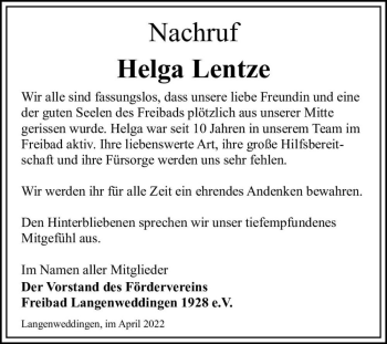 Traueranzeige von Helga Lentze  von Magdeburger Volksstimme