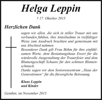 Traueranzeige von Helga Leppin  von Magdeburger Volksstimme