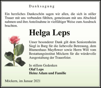 Traueranzeige von Helga Leps  von Magdeburger Volksstimme