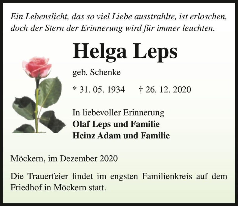  Traueranzeige für Helga Leps (geb. Schenke)  vom 09.01.2021 aus Magdeburger Volksstimme