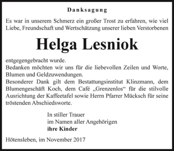 Traueranzeige von Helga Lesniok  von Magdeburger Volksstimme
