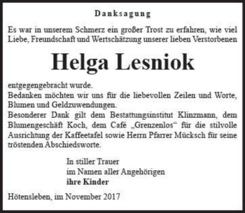 Traueranzeige von Helga Lesniok  von Magdeburger Volksstimme