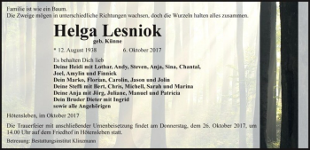 Traueranzeige von Helga Lesniok (geb. Künne)  von Magdeburger Volksstimme