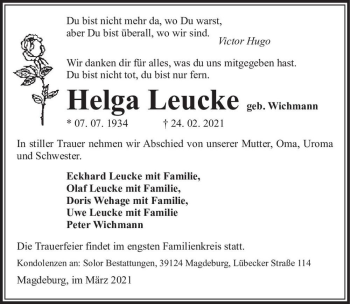 Traueranzeige von Helga Leucke (geb. Wichmann)  von Magdeburger Volksstimme