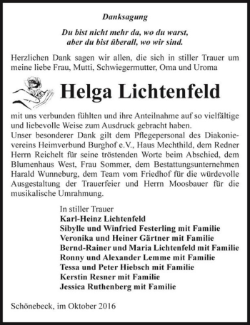 Traueranzeige von Helga Lichtenfeld  von Magdeburger Volksstimme