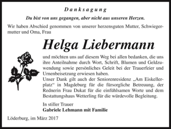 Traueranzeige von Helga Liebermann  von Magdeburger Volksstimme