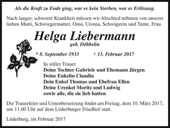 Traueranzeige von Helga Liebermann (geb. Döbbelin)  von Magdeburger Volksstimme