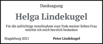Traueranzeige von Helga Lindekugel  von Magdeburger Volksstimme