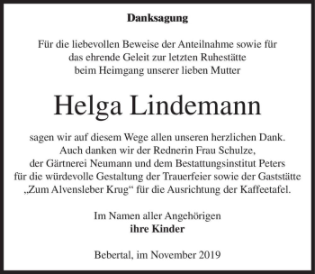 Traueranzeige von Helga Lindemann  von Magdeburger Volksstimme