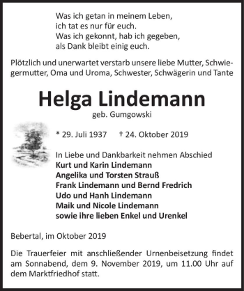 Traueranzeige von Helga Lindemann (geb. Gumgowski)  von Magdeburger Volksstimme