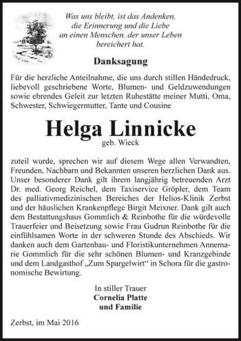 Traueranzeige von Helga Linnicke (geb. Wieck)  von Magdeburger Volksstimme