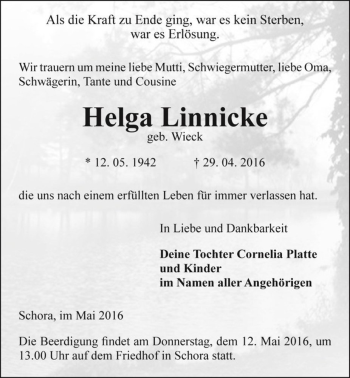 Traueranzeige von Helga Linnicke (geb. Wieck)  von Magdeburger Volksstimme