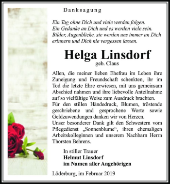 Traueranzeige von Helga Linsdorf (geb. Claus)  von Magdeburger Volksstimme