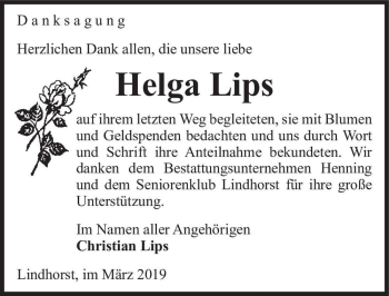 Traueranzeige von Helga Lips  von Magdeburger Volksstimme