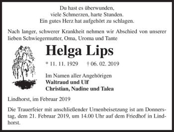 Traueranzeige von Helga Lips  von Magdeburger Volksstimme